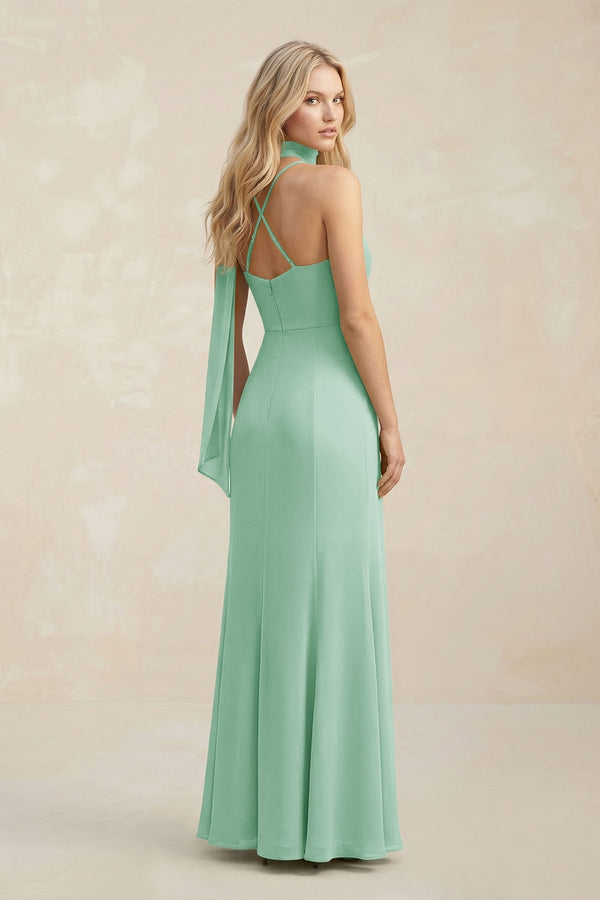 Cowl Neck Sheath Chiffon Maxi Bridesmaid Dress With Ribbon in Pale Pistachio - KissProm Bridesmaid Dresses