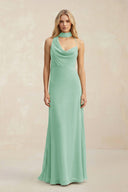 Cowl Neck Sheath Chiffon Maxi Bridesmaid Dress With Ribbon in Pale Pistachio - KissProm Bridesmaid Dresses