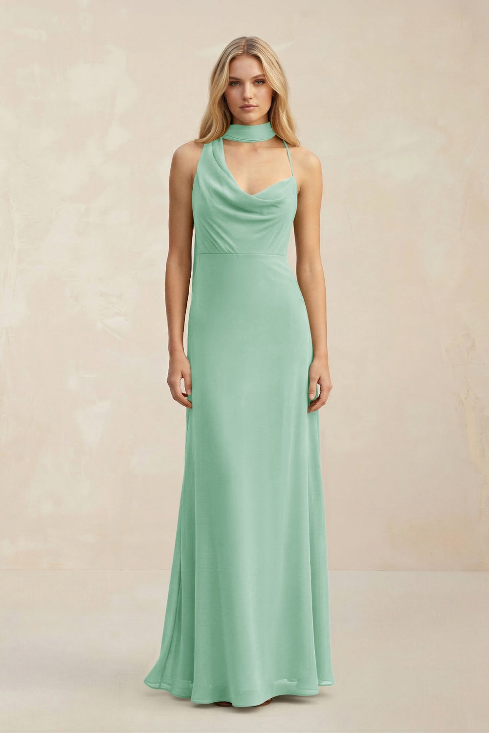 Cowl Neck Sheath Chiffon Maxi Bridesmaid Dress With Ribbon in Pale Pistachio - KissProm Bridesmaid Dresses
