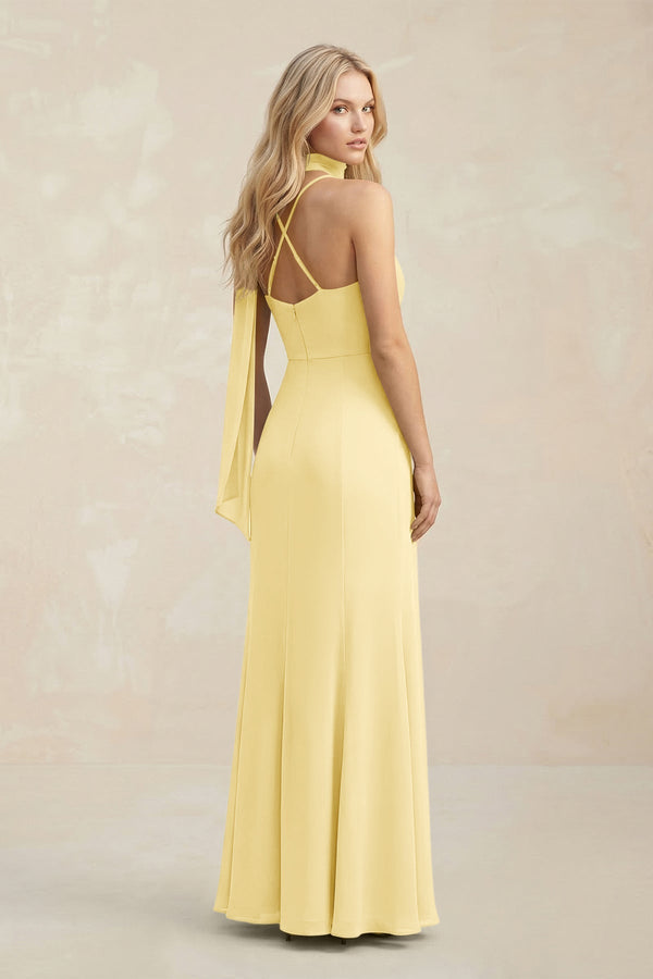 Cowl Neck Sheath Chiffon Maxi Bridesmaid Dress With Ribbon in Pastel Yellow - KissProm Bridesmaid Dresses