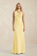 Cowl Neck Sheath Chiffon Maxi Bridesmaid Dress With Ribbon in Pastel Yellow - KissProm Bridesmaid Dresses