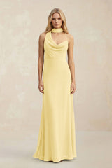 Cowl Neck Sheath Chiffon Maxi Bridesmaid Dress With Ribbon in Pastel Yellow - KissProm Bridesmaid Dresses