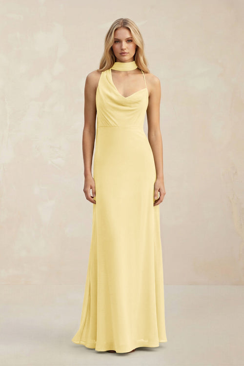 Cowl Neck Sheath Chiffon Maxi Bridesmaid Dress With Ribbon in Pastel Yellow - KissProm Bridesmaid Dresses