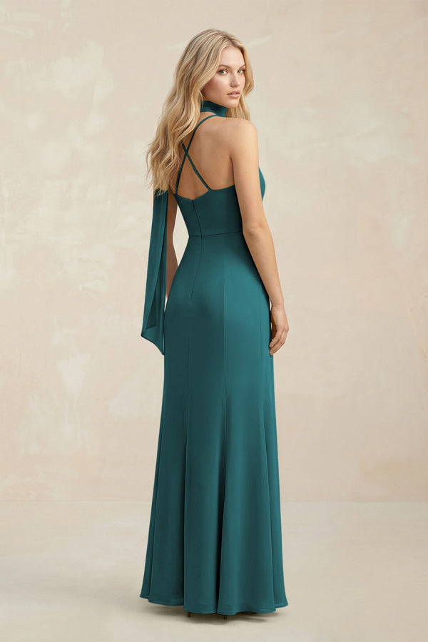 Cowl Neck Sheath Chiffon Maxi Bridesmaid Dress With Ribbon in Pine - KissProm Bridesmaid Dresses
