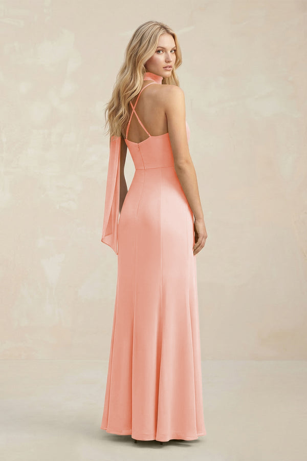 Cowl Neck Sheath Chiffon Maxi Bridesmaid Dress With Ribbon in Rose Petal - KissProm Bridesmaid Dresses