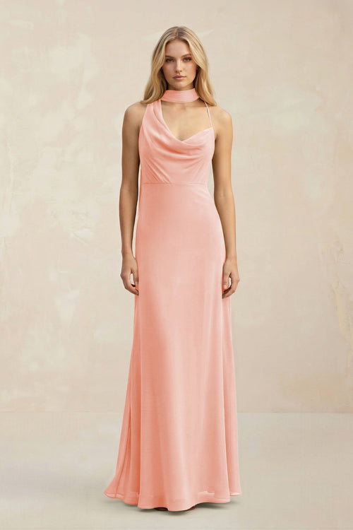 Cowl Neck Sheath Chiffon Maxi Bridesmaid Dress With Ribbon in Rose Petal - KissProm Bridesmaid Dresses