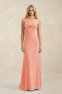 Cowl Neck Sheath Chiffon Maxi Bridesmaid Dress With Ribbon in Rosette - KissProm Bridesmaid Dresses