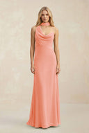 Cowl Neck Sheath Chiffon Maxi Bridesmaid Dress With Ribbon in Rosette - KissProm Bridesmaid Dresses