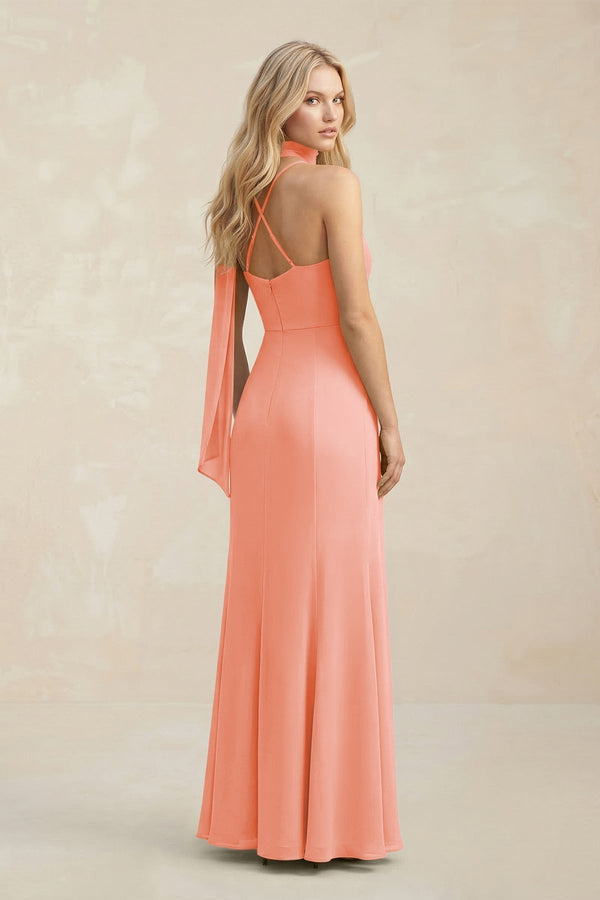 Cowl Neck Sheath Chiffon Maxi Bridesmaid Dress With Ribbon in Rosette - KissProm Bridesmaid Dresses