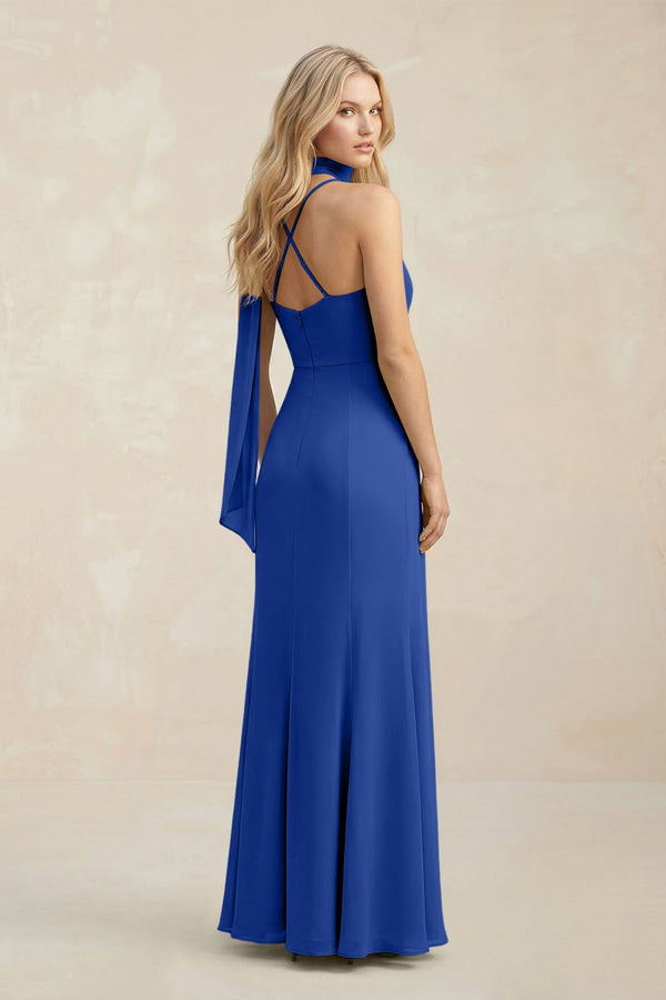 Cowl Neck Sheath Chiffon Maxi Bridesmaid Dress With Ribbon in Royal Blue - KissProm Bridesmaid Dresses