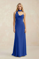Cowl Neck Sheath Chiffon Maxi Bridesmaid Dress With Ribbon in Royal Blue - KissProm Bridesmaid Dresses