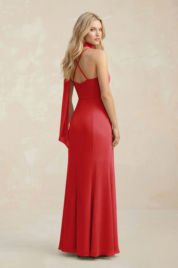 Cowl Neck Sheath Chiffon Maxi Bridesmaid Dress With Ribbon in Ruby Red - KissProm Bridesmaid Dresses