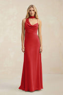 Cowl Neck Sheath Chiffon Maxi Bridesmaid Dress With Ribbon in Ruby Red - KissProm Bridesmaid Dresses