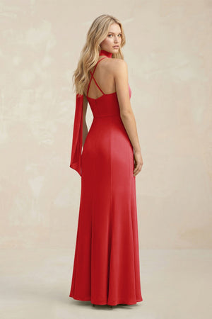 Cowl Neck Sheath Chiffon Maxi Bridesmaid Dress With Ribbon in Ruby Red - KissProm Bridesmaid Dresses