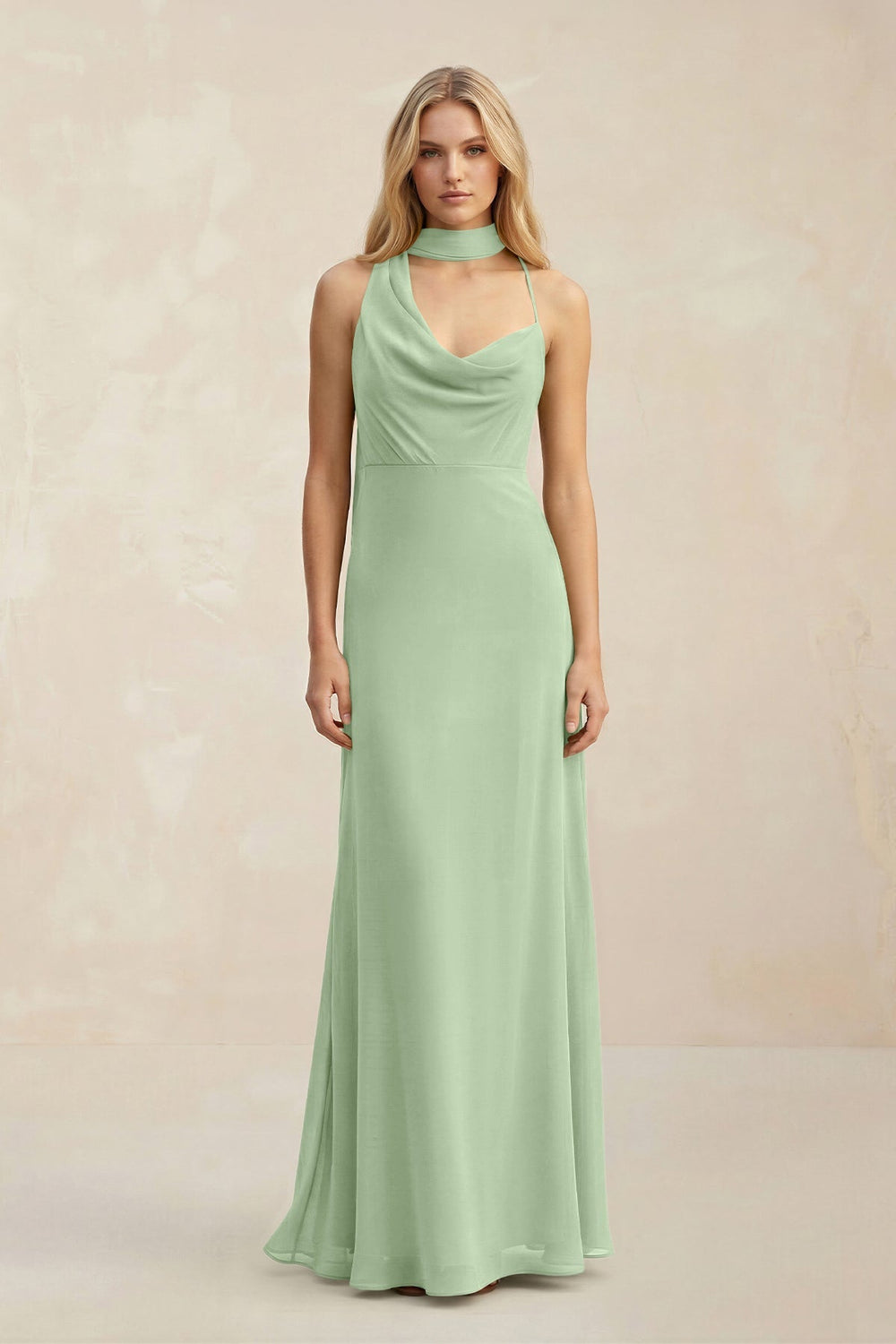 Cowl Neck Sheath Chiffon Maxi Bridesmaid Dress With Ribbon in Sage - KissProm Bridesmaid Dresses