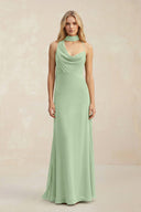 Cowl Neck Sheath Chiffon Maxi Bridesmaid Dress With Ribbon in Sage - KissProm Bridesmaid Dresses