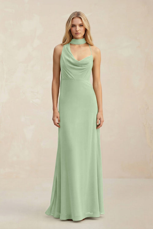 Cowl Neck Sheath Chiffon Maxi Bridesmaid Dress With Ribbon in Sage - KissProm Bridesmaid Dresses