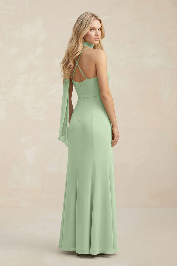 Cowl Neck Sheath Chiffon Maxi Bridesmaid Dress With Ribbon in Sage - KissProm Bridesmaid Dresses