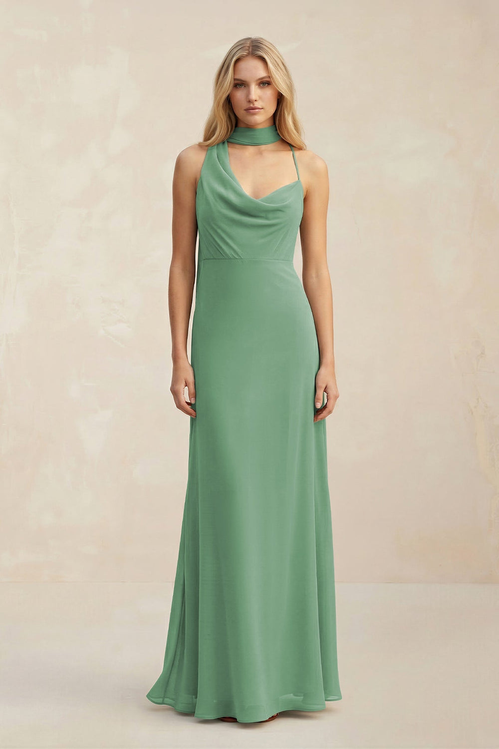 Cowl Neck Sheath Chiffon Maxi Bridesmaid Dress With Ribbon in Sea Glass - KissProm Bridesmaid Dresses