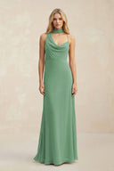 Cowl Neck Sheath Chiffon Maxi Bridesmaid Dress With Ribbon in Sea Glass - KissProm Bridesmaid Dresses