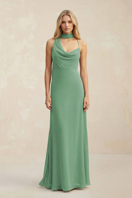 Cowl Neck Sheath Chiffon Maxi Bridesmaid Dress With Ribbon in Sea Glass - KissProm Bridesmaid Dresses