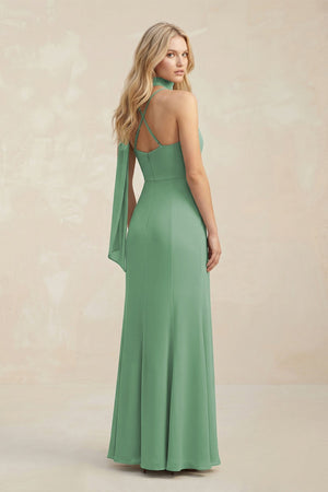 Cowl Neck Sheath Chiffon Maxi Bridesmaid Dress With Ribbon in Sea Glass - KissProm Bridesmaid Dresses