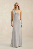 Cowl Neck Sheath Chiffon Maxi Bridesmaid Dress With Ribbon in Silver - KissProm Bridesmaid Dresses