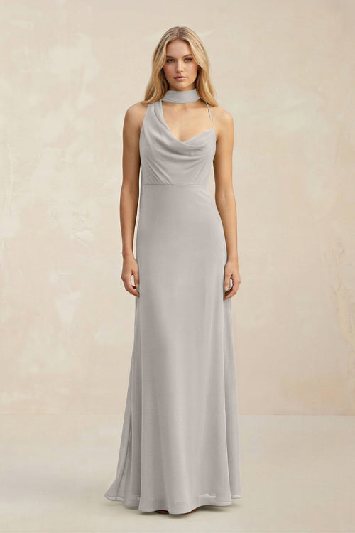 Cowl Neck Sheath Chiffon Maxi Bridesmaid Dress With Ribbon in Silver - KissProm Bridesmaid Dresses