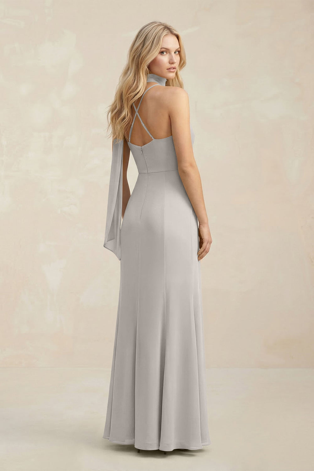 Cowl Neck Sheath Chiffon Maxi Bridesmaid Dress With Ribbon in Silver - KissProm Bridesmaid Dresses