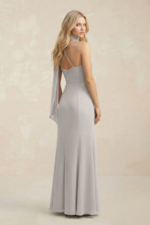 Cowl Neck Sheath Chiffon Maxi Bridesmaid Dress With Ribbon in Silver - KissProm Bridesmaid Dresses