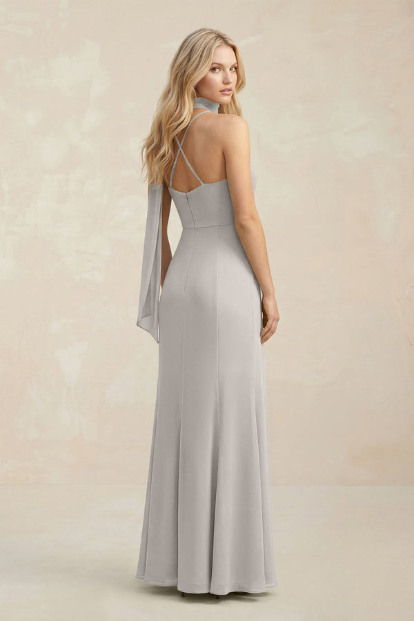 Cowl Neck Sheath Chiffon Maxi Bridesmaid Dress With Ribbon in Silver - KissProm Bridesmaid Dresses