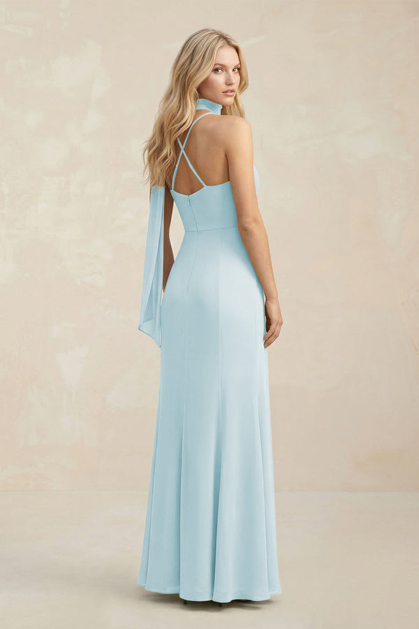 Cowl Neck Sheath Chiffon Maxi Bridesmaid Dress With Ribbon in Sky Blue - KissProm Bridesmaid Dresses