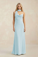 Cowl Neck Sheath Chiffon Maxi Bridesmaid Dress With Ribbon in Sky Blue - KissProm Bridesmaid Dresses