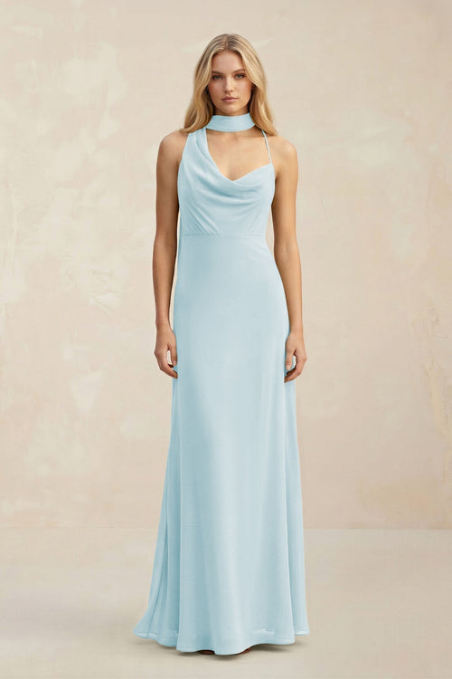 Cowl Neck Sheath Chiffon Maxi Bridesmaid Dress With Ribbon in Sky Blue - KissProm Bridesmaid Dresses
