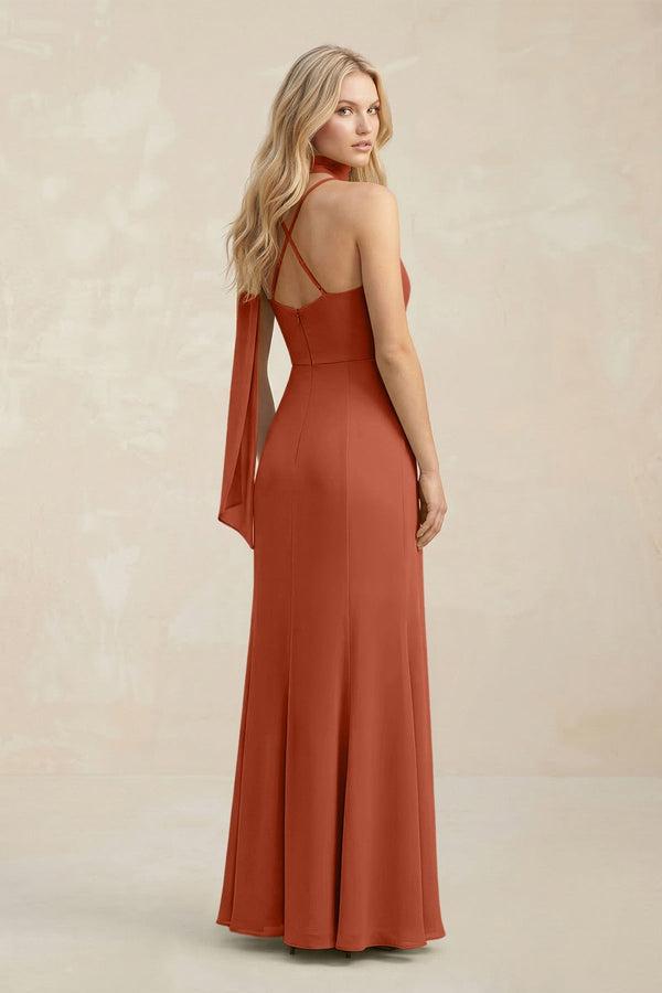 Cowl Neck Sheath Chiffon Maxi Bridesmaid Dress With Ribbon in Spice - KissProm Bridesmaid Dresses