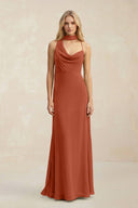 Cowl Neck Sheath Chiffon Maxi Bridesmaid Dress With Ribbon in Spice - KissProm Bridesmaid Dresses