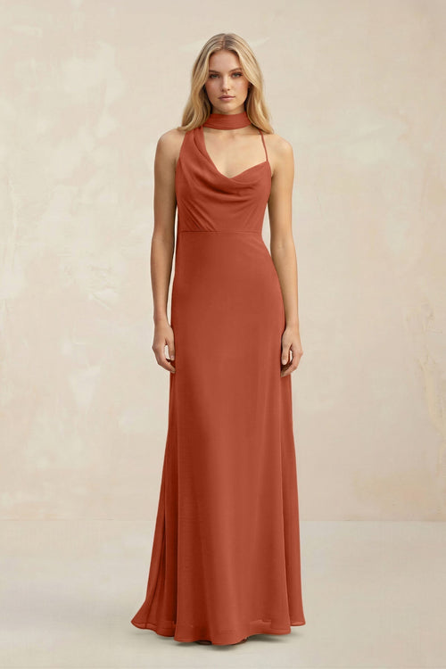 Cowl Neck Sheath Chiffon Maxi Bridesmaid Dress With Ribbon in Spice - KissProm Bridesmaid Dresses