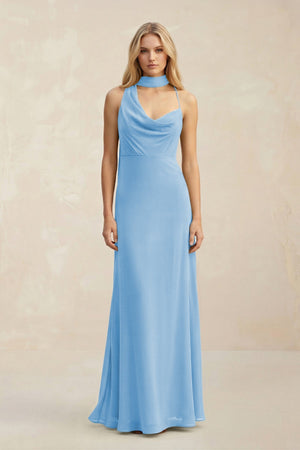 Cowl Neck Sheath Chiffon Maxi Bridesmaid Dress With Ribbon in Steel Blue - KissProm Bridesmaid Dresses
