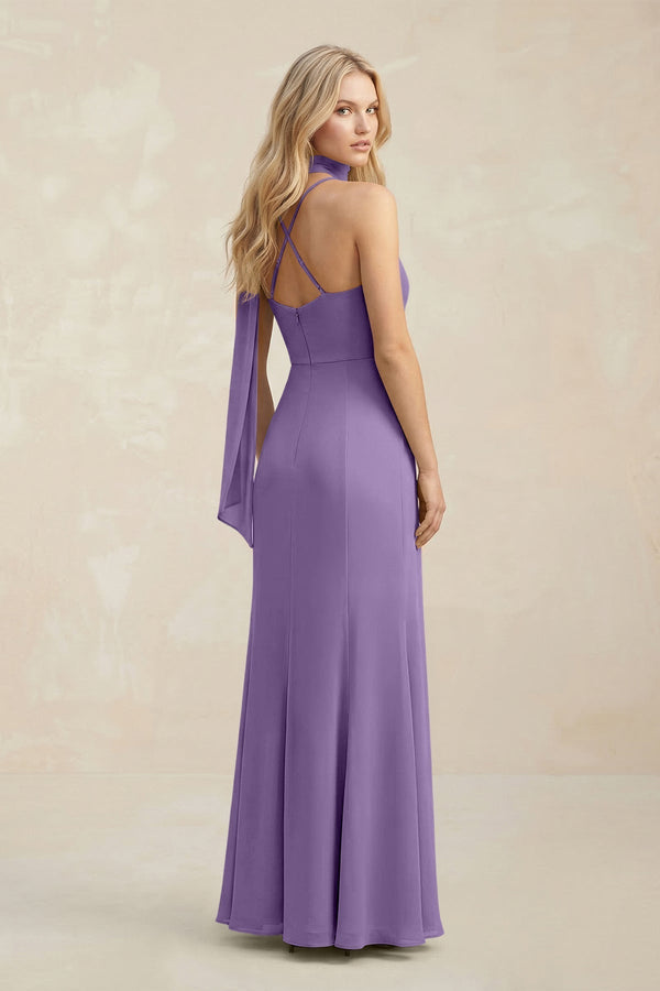 Cowl Neck Sheath Chiffon Maxi Bridesmaid Dress With Ribbon in Tahiti - KissProm Bridesmaid Dresses