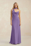 Cowl Neck Sheath Chiffon Maxi Bridesmaid Dress With Ribbon in Tahiti - KissProm Bridesmaid Dresses