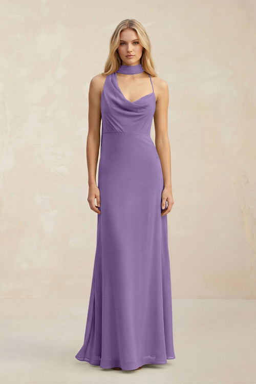Cowl Neck Sheath Chiffon Maxi Bridesmaid Dress With Ribbon in Tahiti - KissProm Bridesmaid Dresses