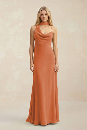 Cowl Neck Sheath Chiffon Maxi Bridesmaid Dress With Ribbon in Terracotta - KissProm Bridesmaid Dresses