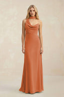 Cowl Neck Sheath Chiffon Maxi Bridesmaid Dress With Ribbon in Terracotta - KissProm Bridesmaid Dresses
