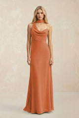 Cowl Neck Sheath Chiffon Maxi Bridesmaid Dress With Ribbon in Terracotta - KissProm Bridesmaid Dresses