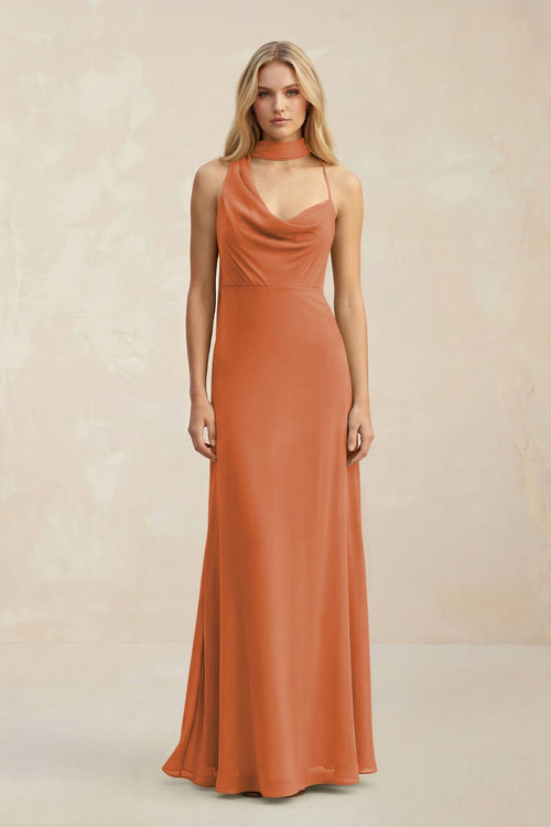 Cowl Neck Sheath Chiffon Maxi Bridesmaid Dress With Ribbon in Terracotta - KissProm Bridesmaid Dresses