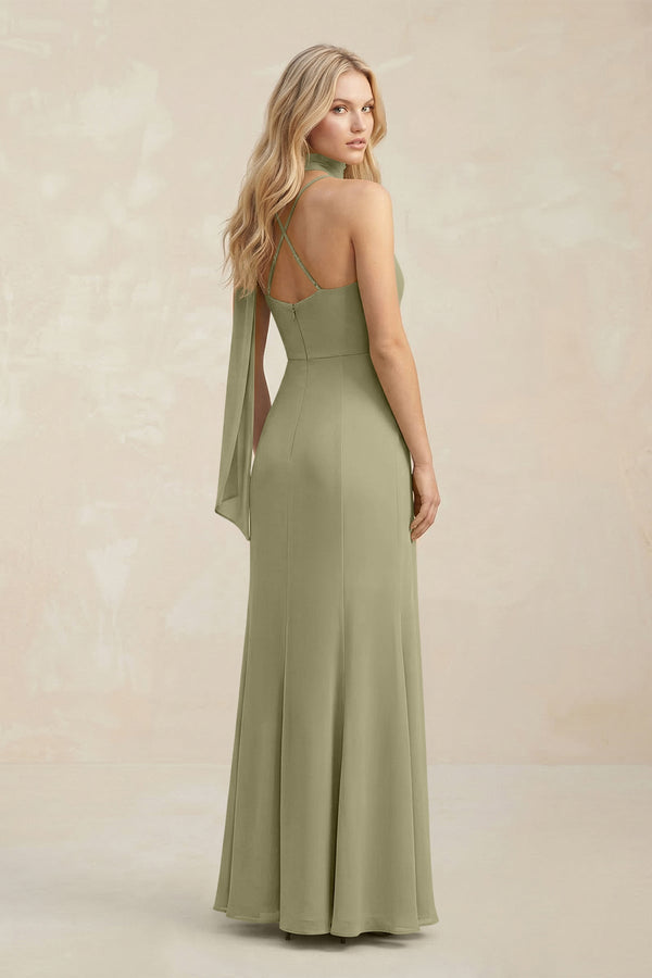 Cowl Neck Sheath Chiffon Maxi Bridesmaid Dress With Ribbon in Thyme - KissProm Bridesmaid Dresses