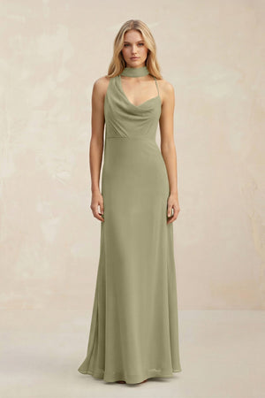 Cowl Neck Sheath Chiffon Maxi Bridesmaid Dress With Ribbon in Thyme - KissProm Bridesmaid Dresses