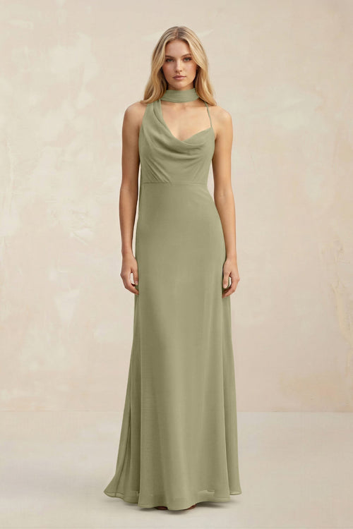 Cowl Neck Sheath Chiffon Maxi Bridesmaid Dress With Ribbon in Thyme - KissProm Bridesmaid Dresses