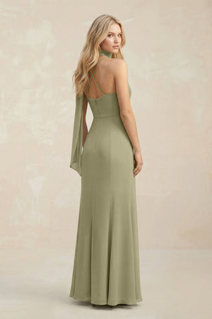 Cowl Neck Sheath Chiffon Maxi Bridesmaid Dress With Ribbon in Thyme - KissProm Bridesmaid Dresses