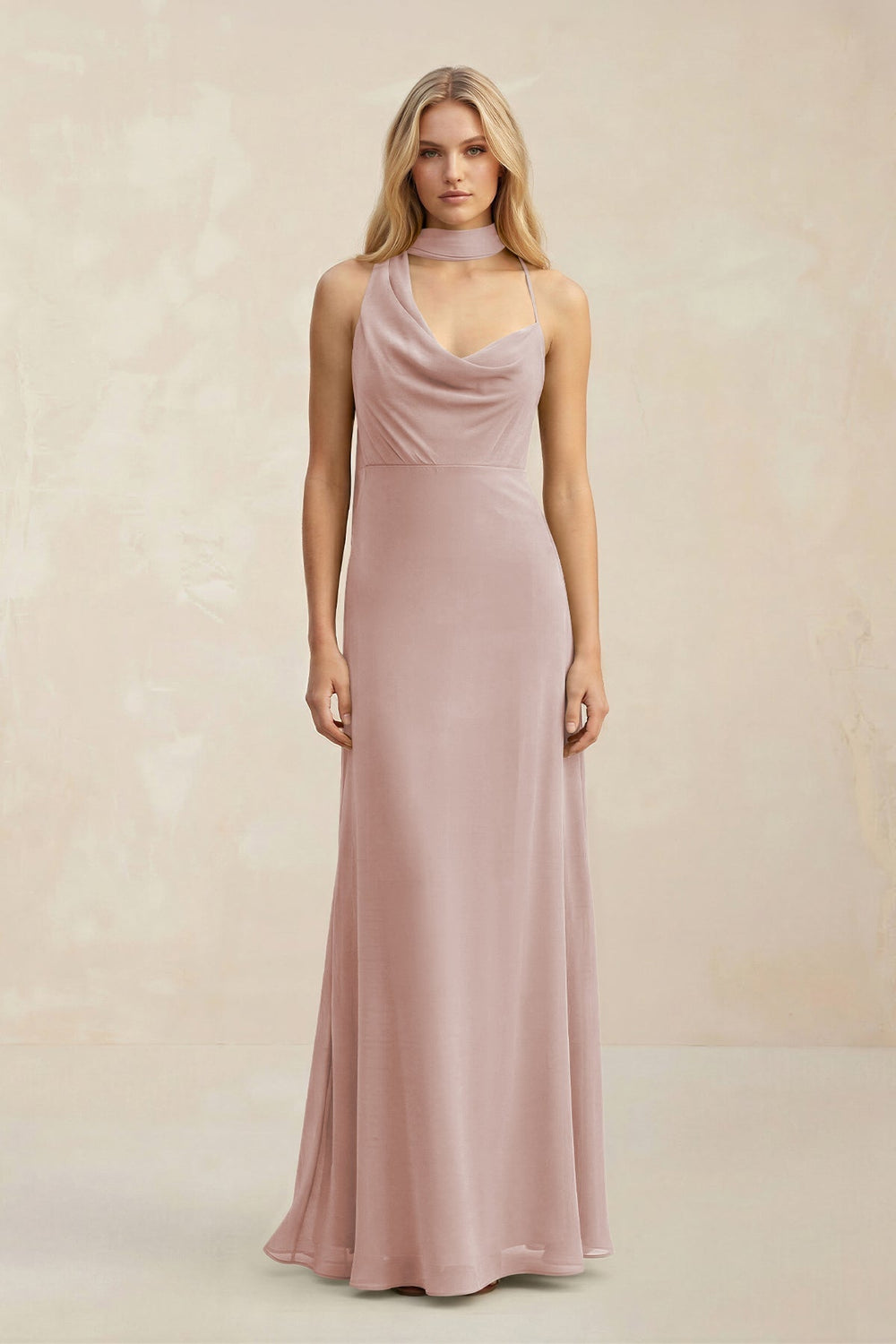 Cowl Neck Sheath Chiffon Maxi Bridesmaid Dress With Ribbon in Toffee - KissProm Bridesmaid Dresses